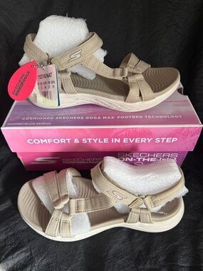 Skechers On The Go 600 Brilliancy Natural Tan Sport Sandals Adjustable Straps